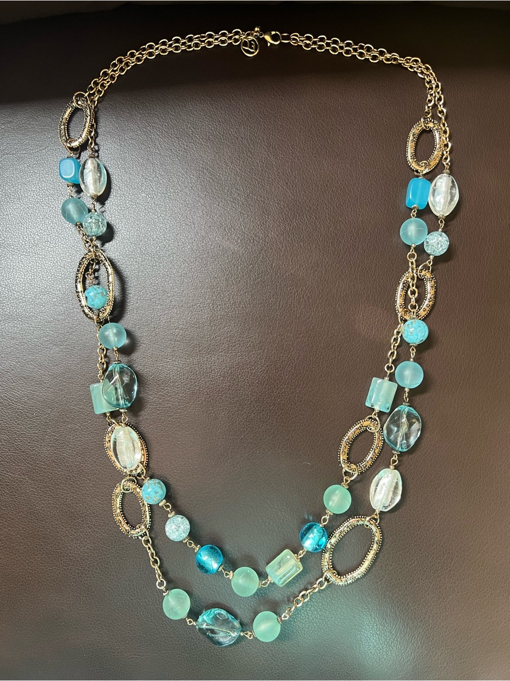 Erica Lyons Necklace Multi-layered Gold-Tone Chain with Blue Aqua Beads 36”